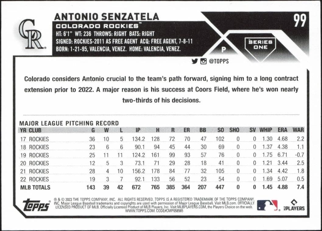 2023 Topps Antonio Senzatela #99 baseball trading card back