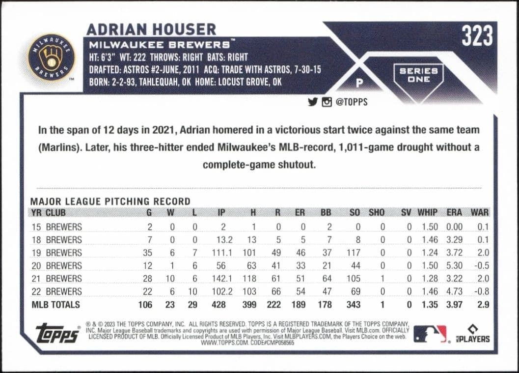 2023 Topps Adrian Houser #323 baseball trading card back