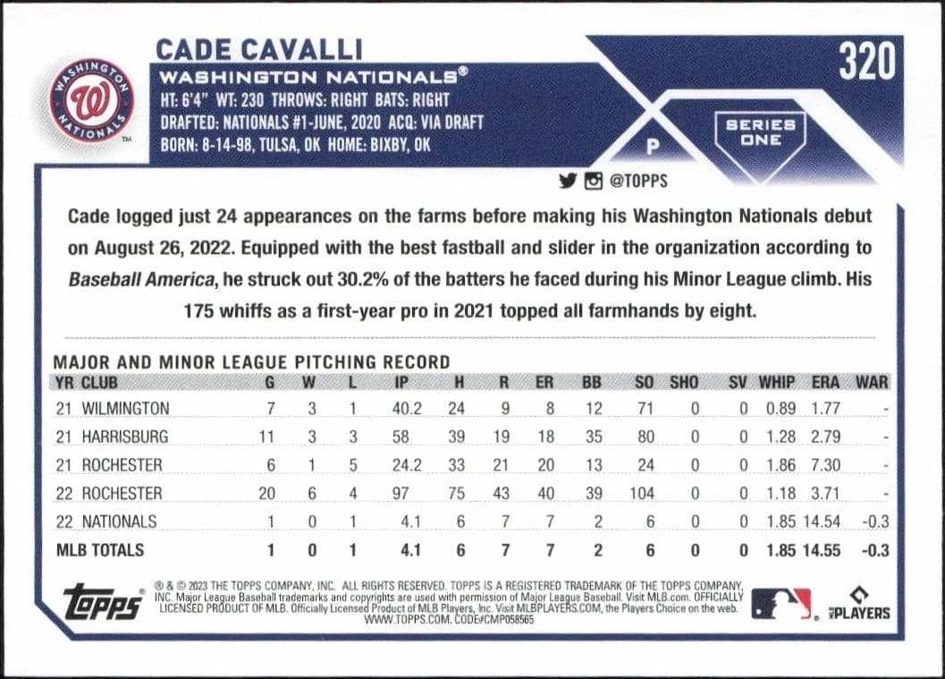 2023 Topps Cade Cavalli #320 baseball trading card back