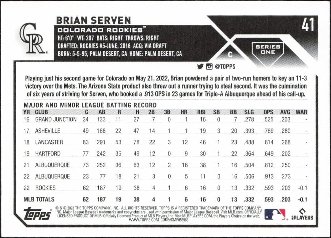 2023 Topps Brian Serven #41 baseball trading card back