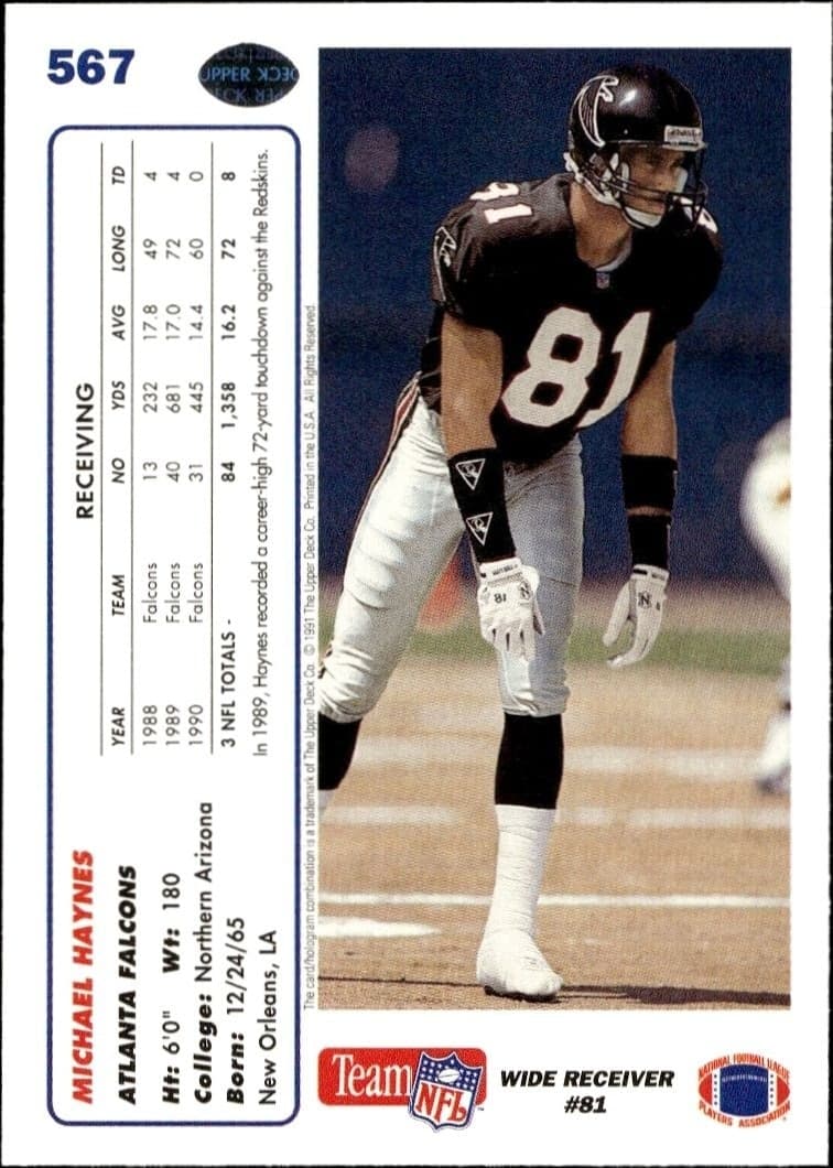 1991 Upper Deck Michael Haynes #567 football trading card back