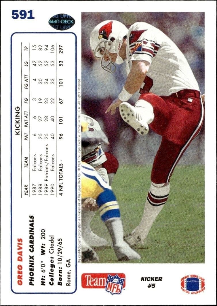 1991 Upper Deck Greg Davis #591 football trading card back