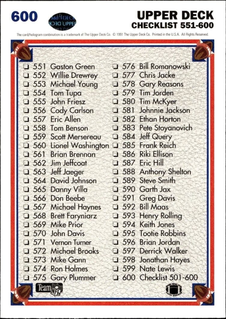 1991 Upper Deck Checklist #600 football trading card back