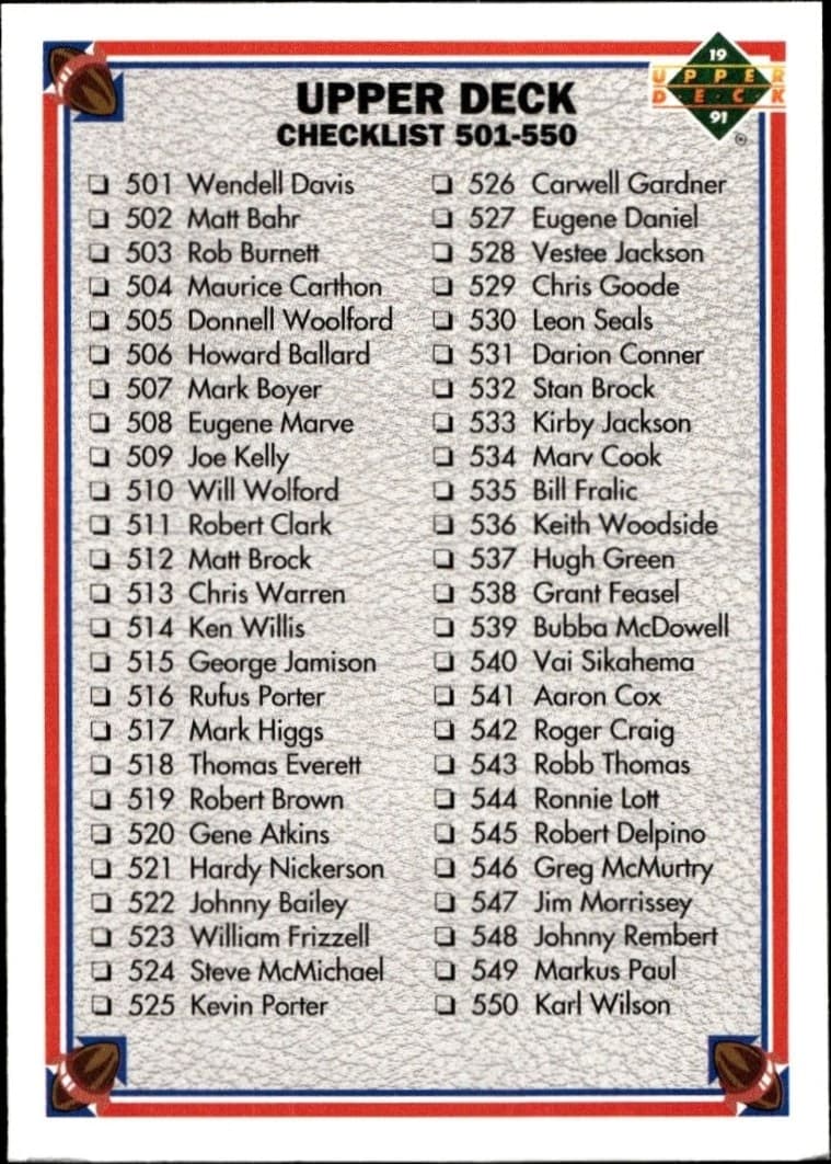 1991 Upper Deck Checklist #600 football trading card front