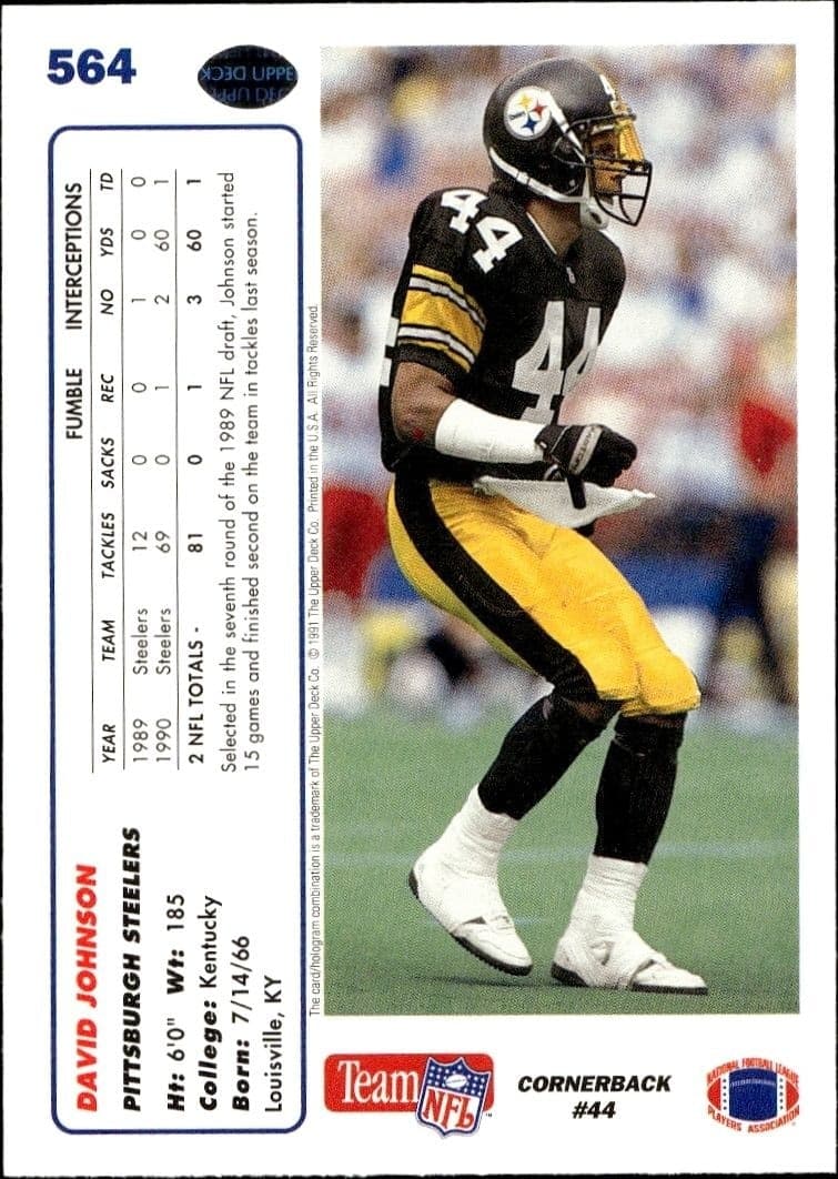 1991 Upper Deck David Johnson #564 football trading card back
