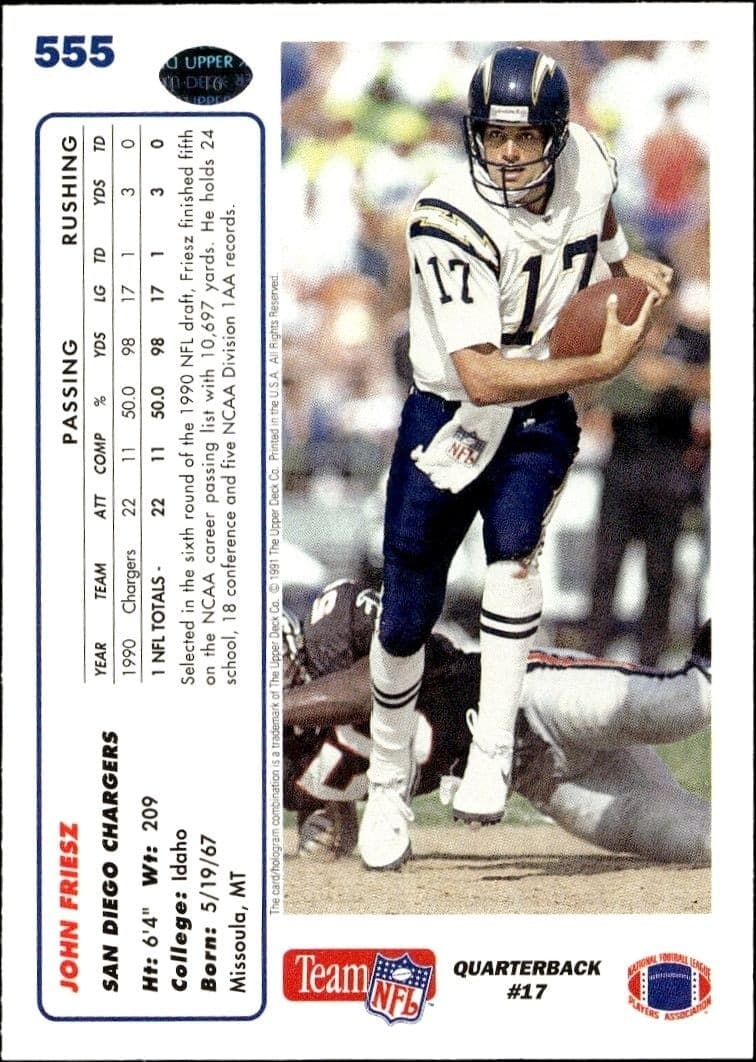 1991 Upper Deck John Friesz #555 football trading card back