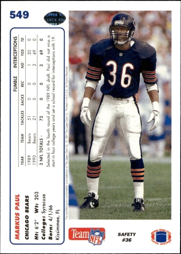1991 Upper Deck Markus Paul #549 football trading card back