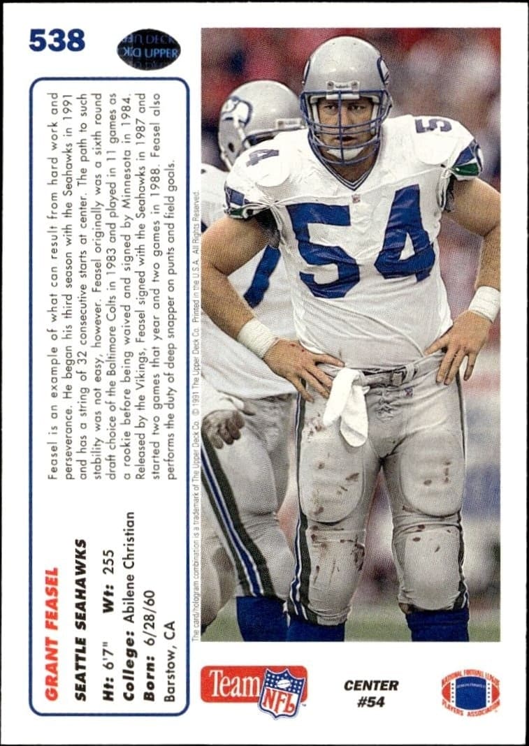1991 Upper Deck Grant Feasel #538 football trading card back