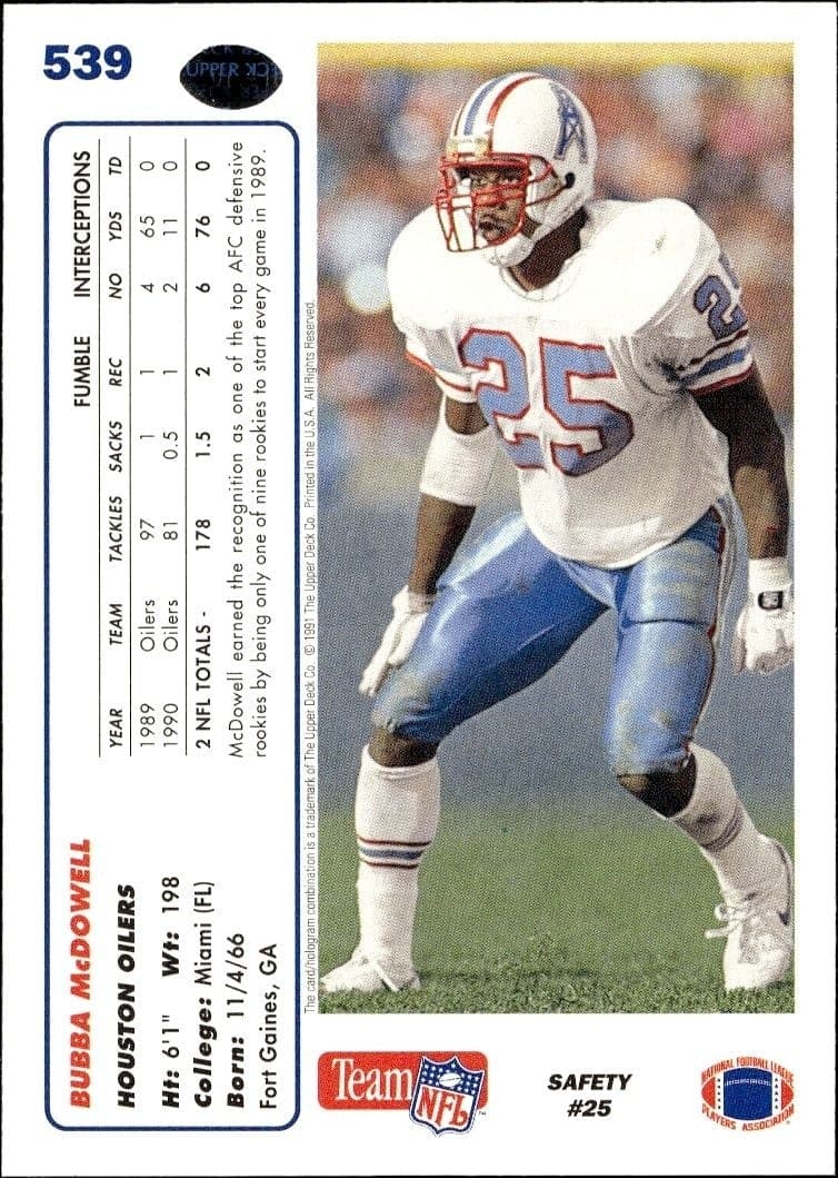 1991 Upper Deck Bubba McDowell #539 football trading card back