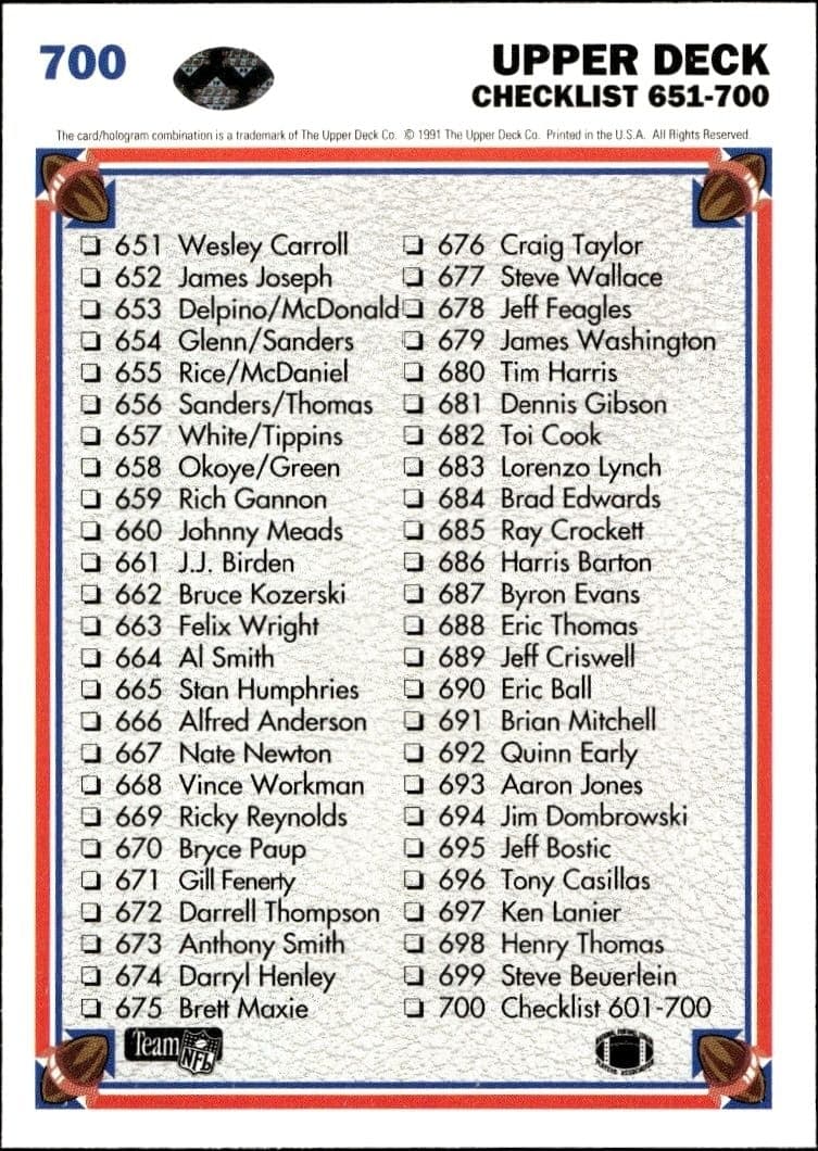1991 Upper Deck Checklist #700 football trading card back