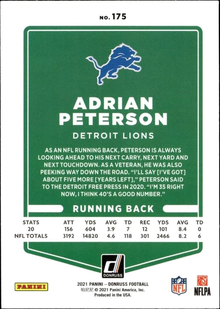 2021 Donruss Adrian Peterson #175 football trading card back