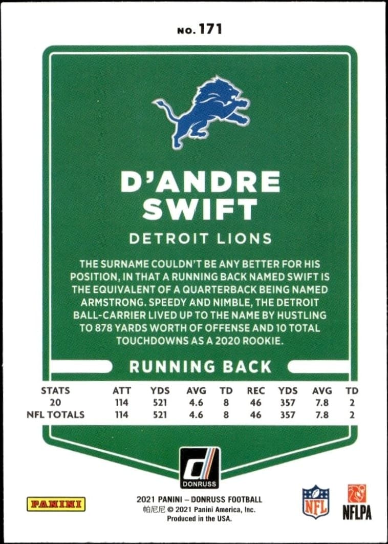 2021 Donruss D'Andre Swift #171 football trading card back