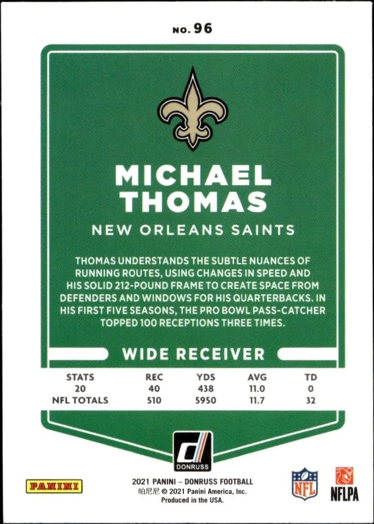 2021 Donruss Michael Thomas #96 football trading card back