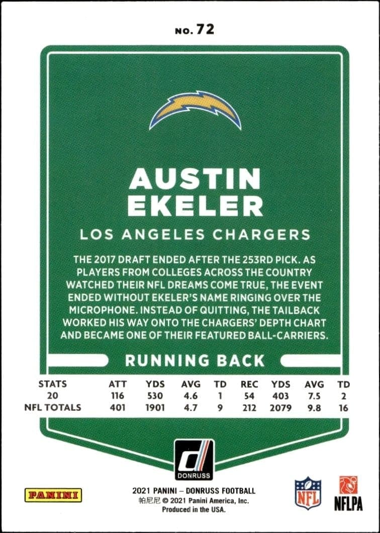 2021 Donruss Austin Ekeler #72 football trading card back