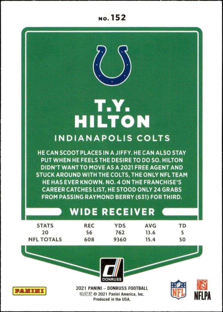 2021 Donruss T.Y. Hilton #152 football trading card back