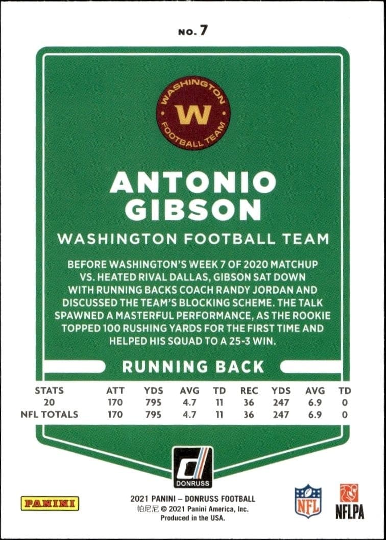 2021 Donruss Antonio Gibson #7 football trading card back