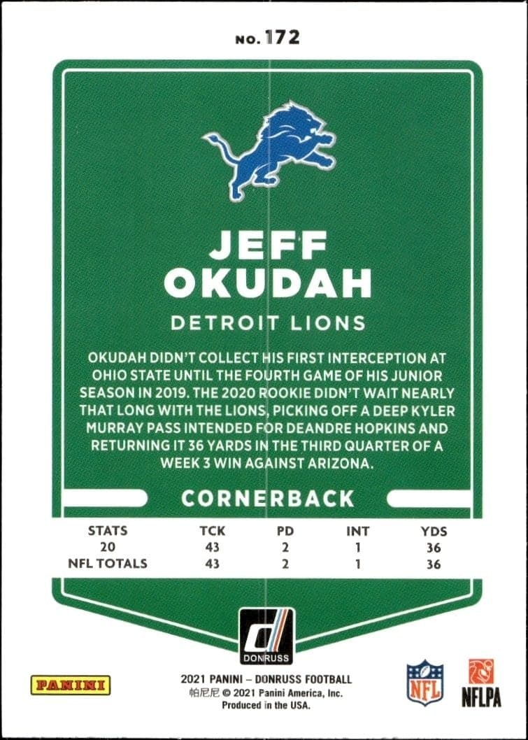 2021 Donruss Jeff Okudah #172 football trading card back