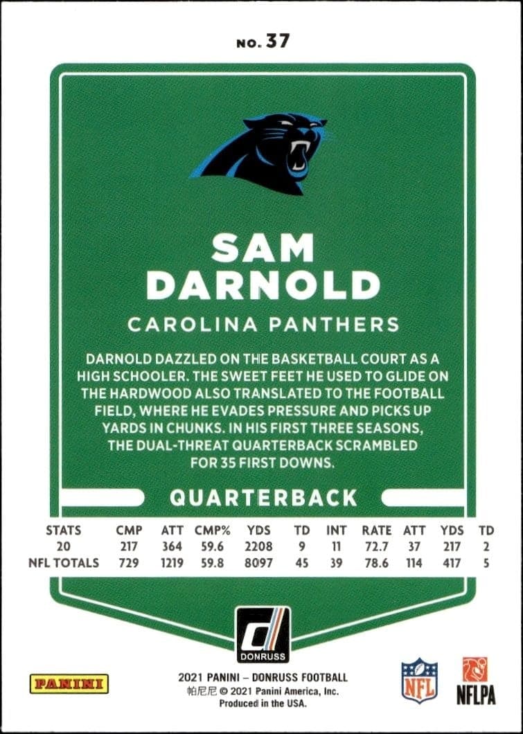 2021 Donruss Sam Darnold #37 football trading card back