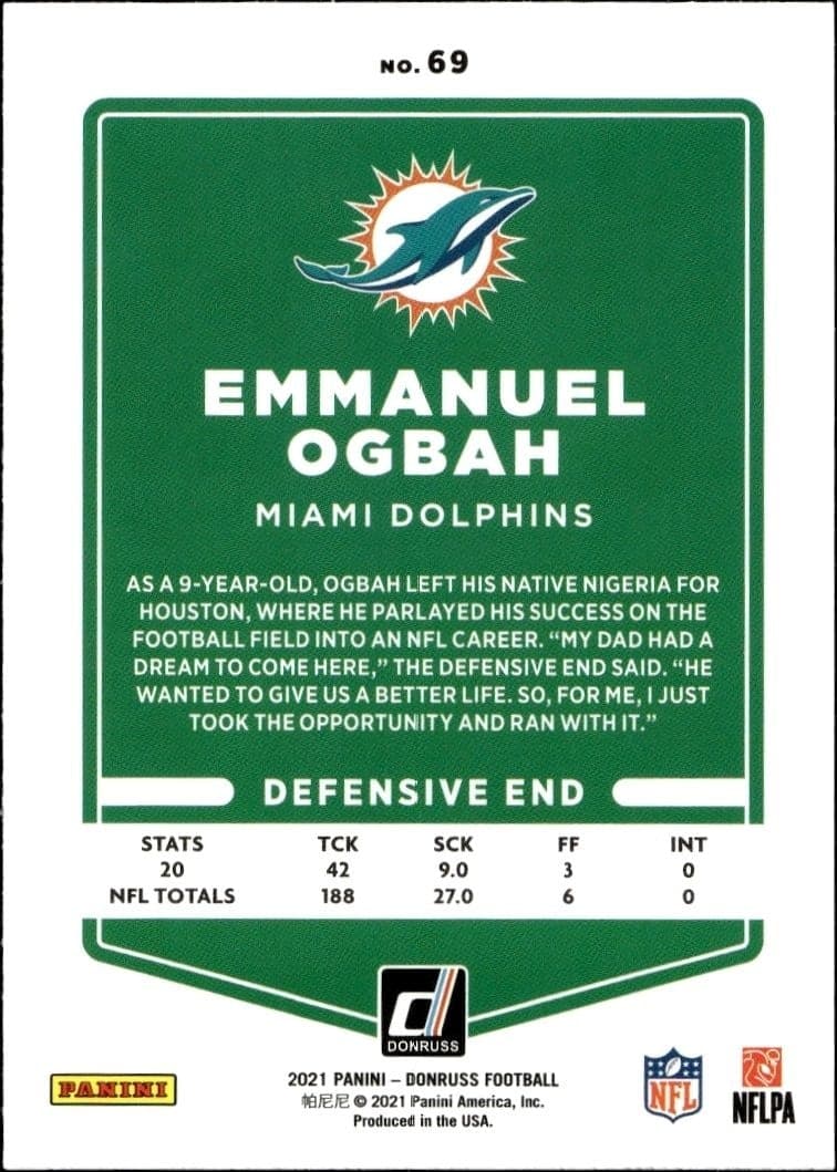 2021 Donruss Emmanuel Ogbah #69 football trading card back