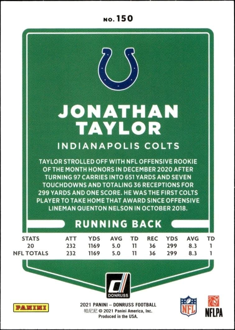 2021 Donruss Jonathan Taylor #150 football trading card back
