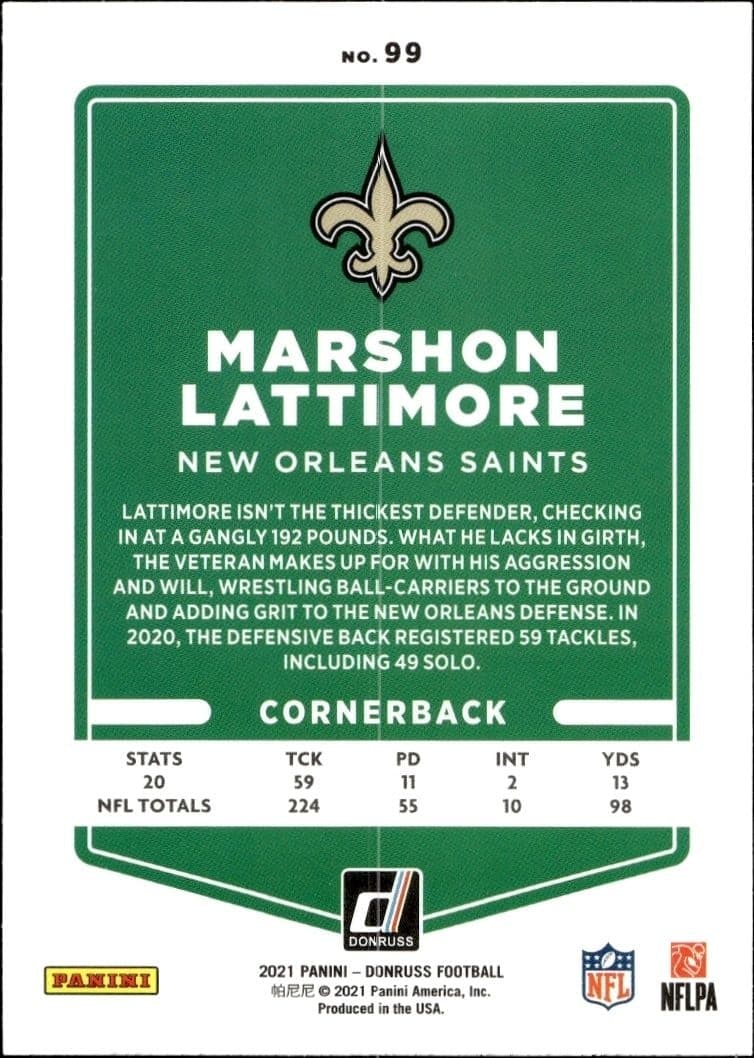 2021 Donruss Marshon Lattimore #99 football trading card back