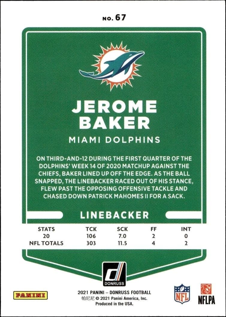 2021 Donruss Jerome Baker #67 football trading card back