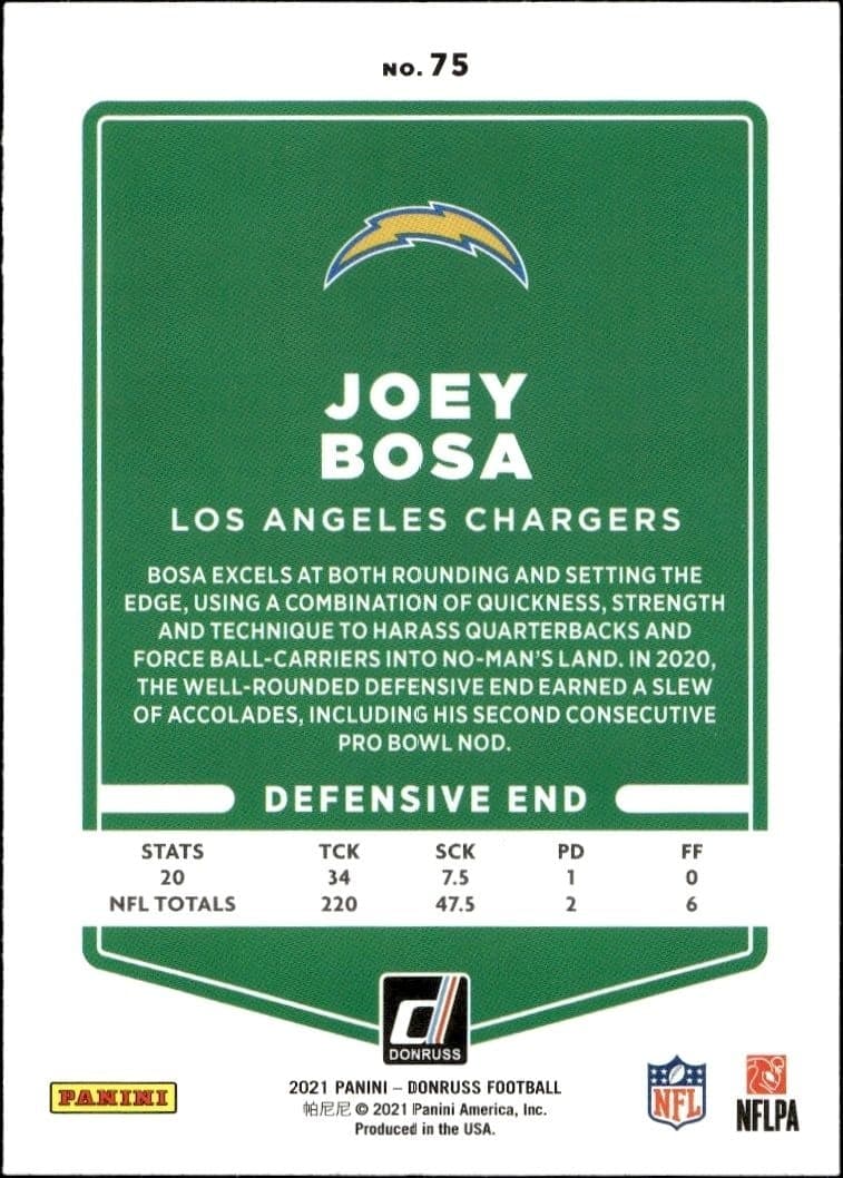 2021 Donruss Joey Bosa #75 football trading card back