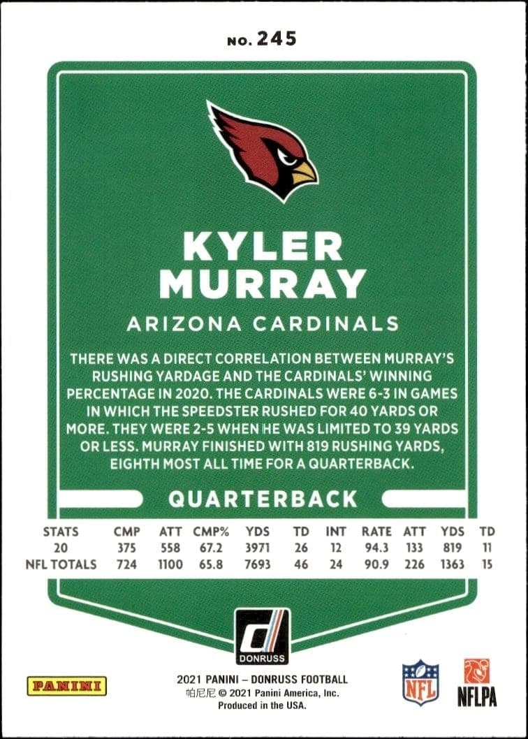 2021 Donruss Kyler Murray #245 football trading card back
