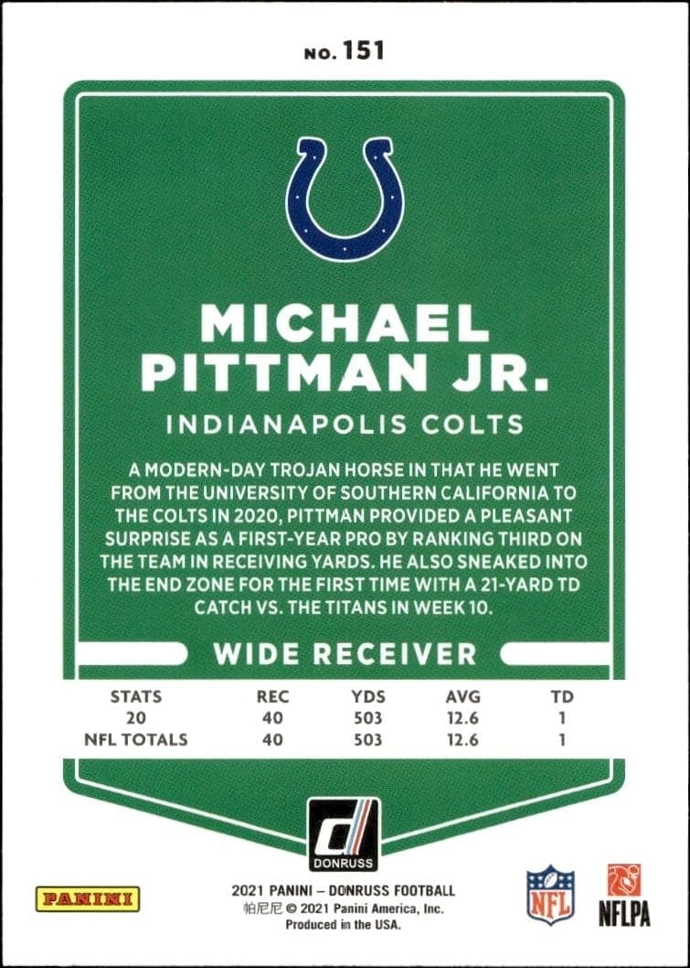 2021 Donruss Michael Pittman Jr. #151 football trading card back