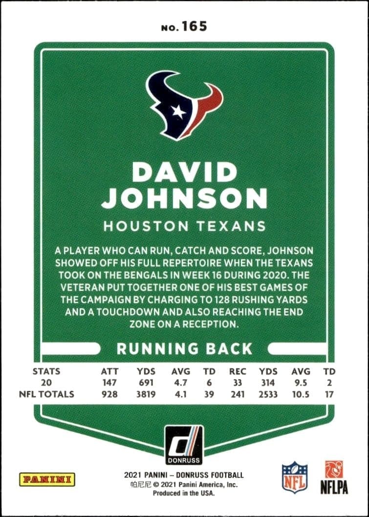 2021 Donruss David Johnson #165 football trading card back
