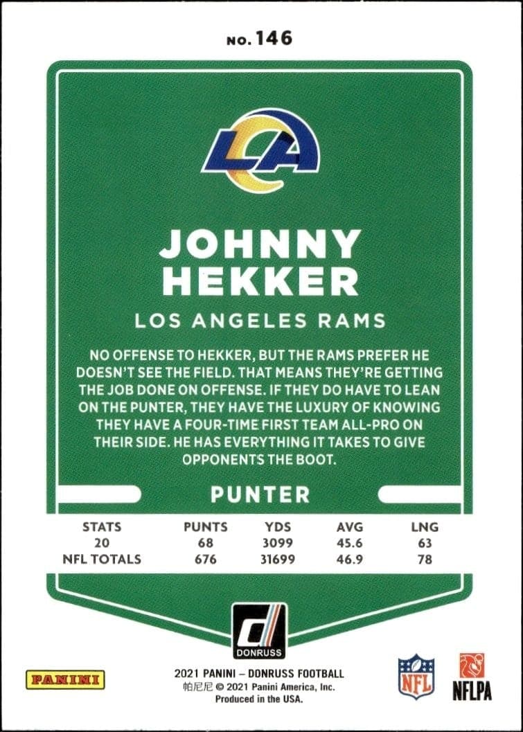 2021 Donruss Johnny Hekker #146 football trading card back