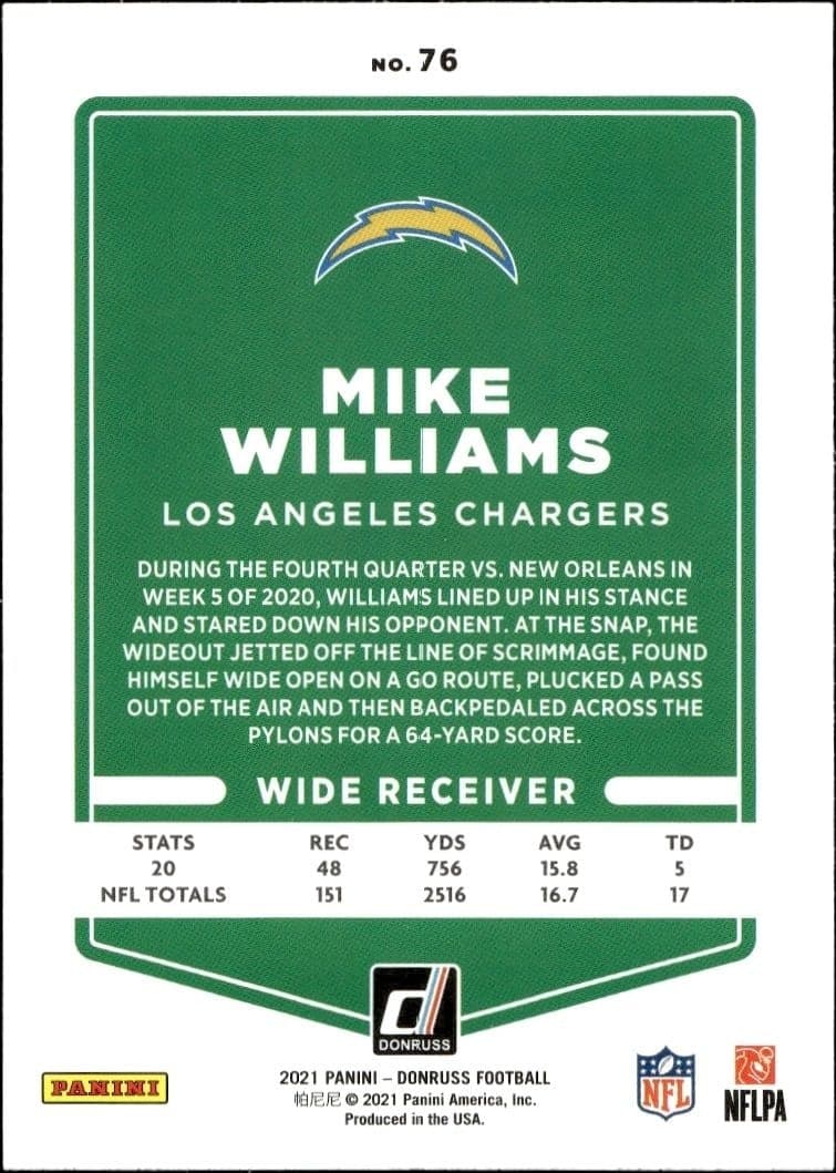 2021 Donruss Mike Williams #76 football trading card back
