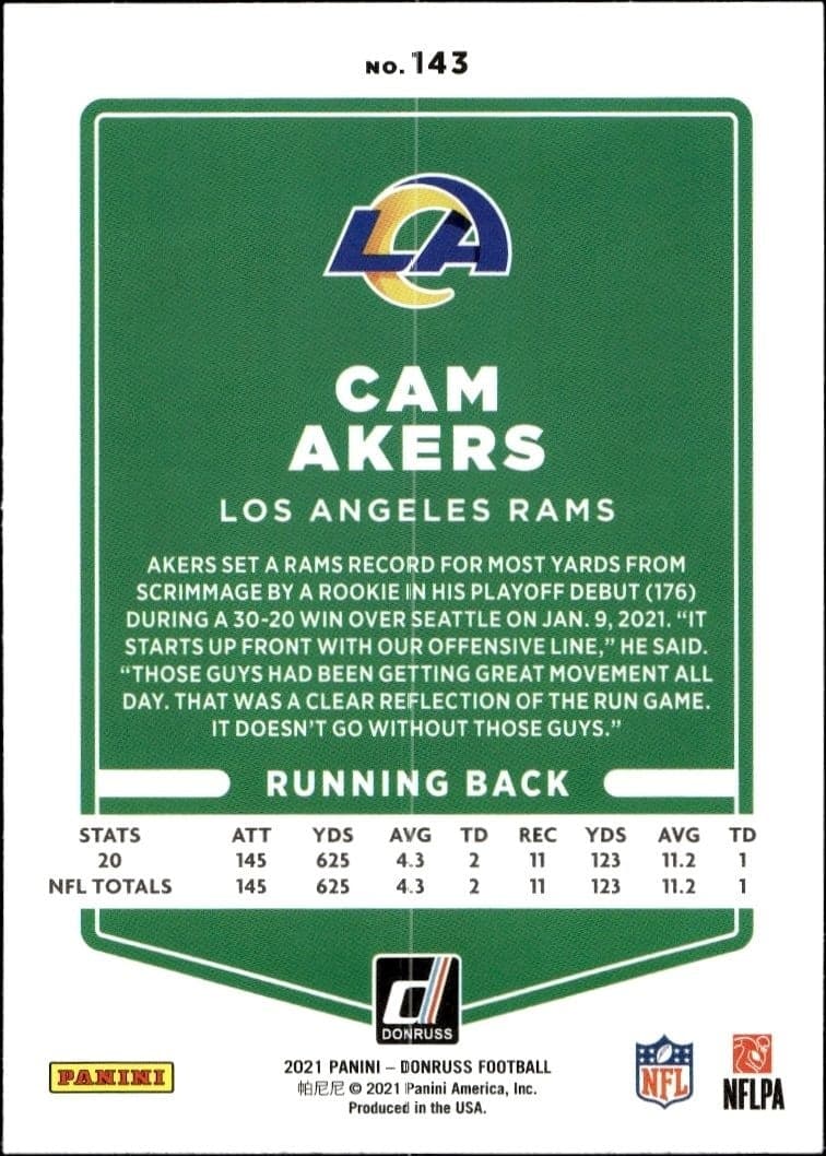 2021 Donruss Cam Akers #143 football trading card back