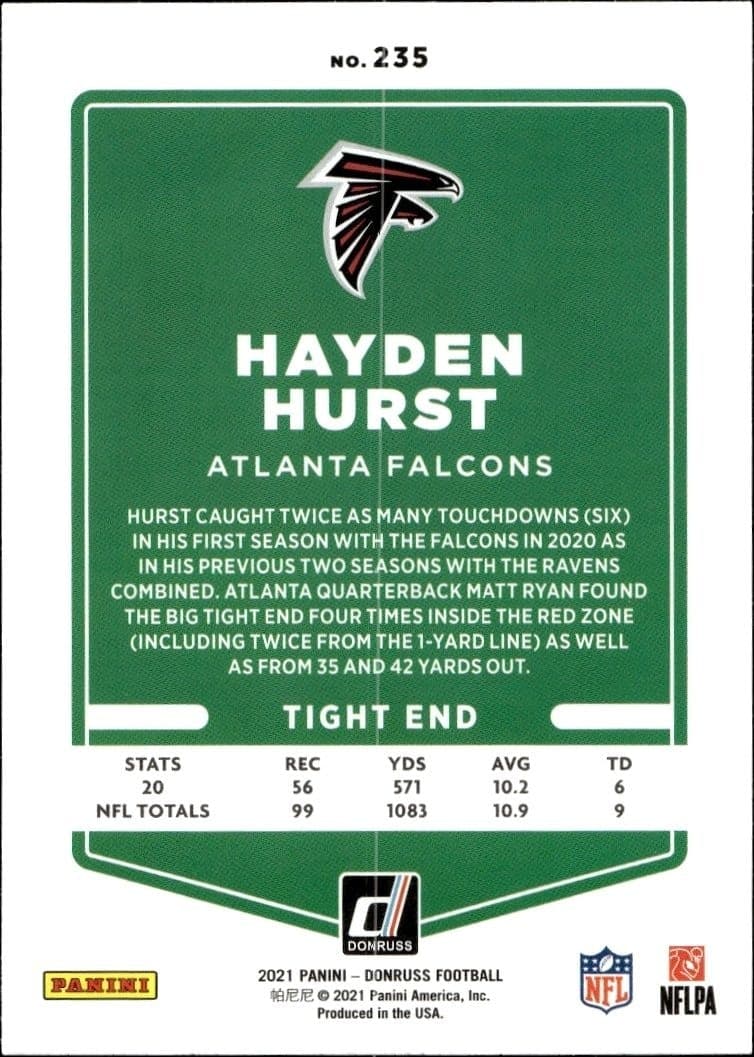 2021 Donruss Hayden Hurst #235 football trading card back