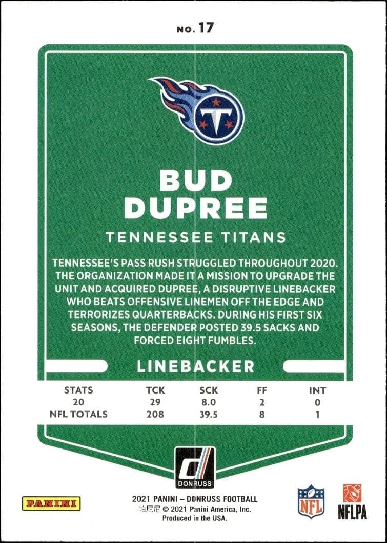 2021 Donruss Bud Dupree #17 football trading card back
