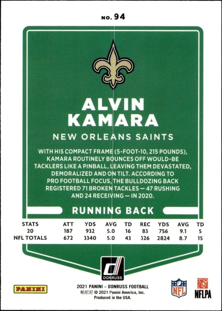 2021 Donruss Alvin Kamara #94 football trading card back