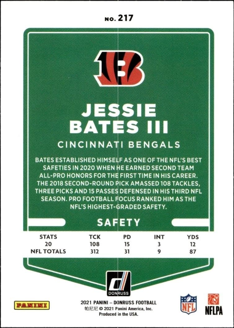 2021 Donruss Jessie Bates #217 football trading card back
