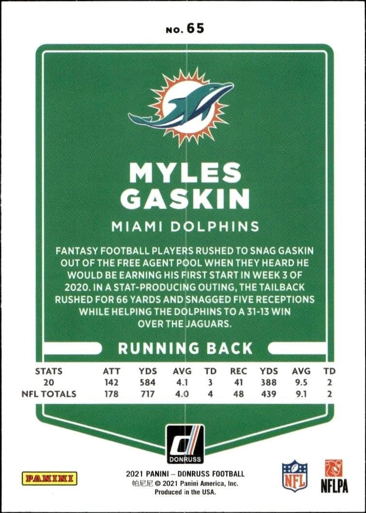 2021 Donruss Myles Gaskin #65 football trading card back