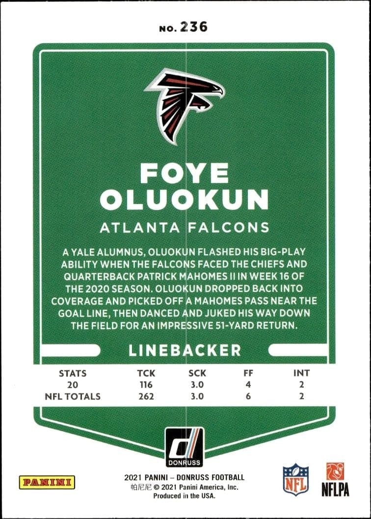 2021 Donruss Foye Oluokun #236 football trading card back