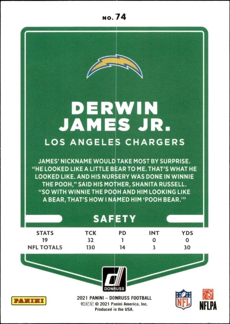 2021 Donruss Derwin James Jr. #74 football trading card back