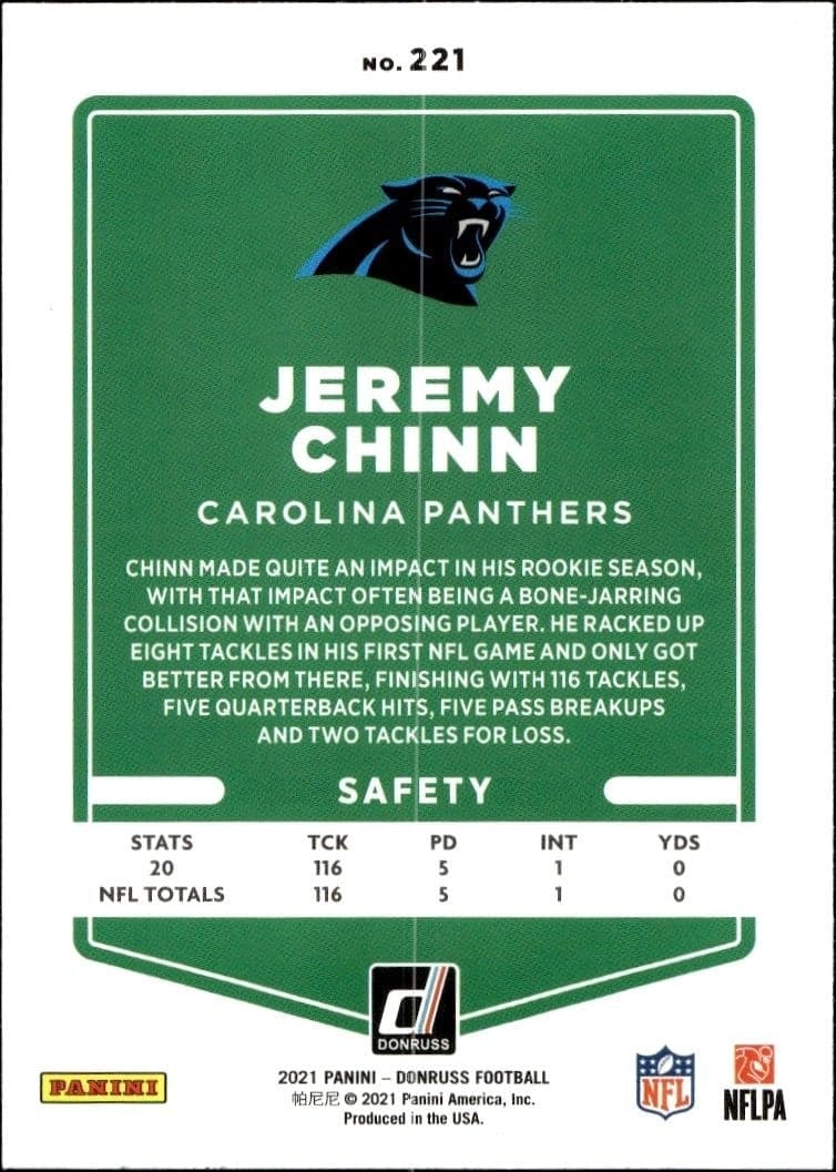 2021 Donruss Jeremy Chinn #221 football trading card back