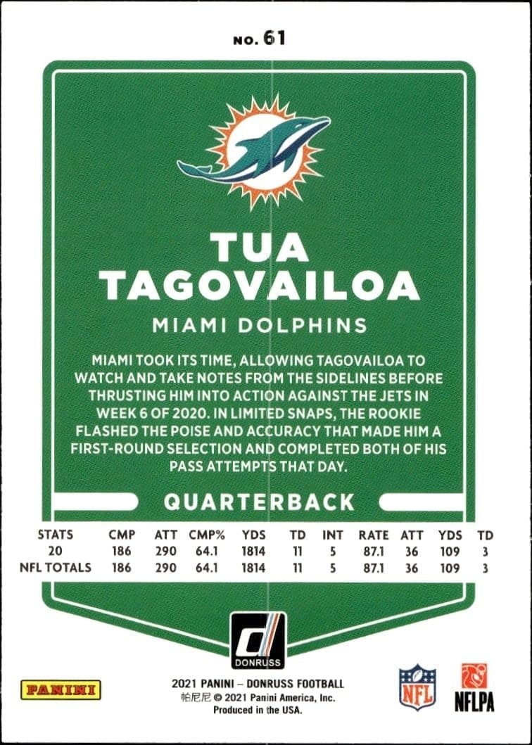 2021 Donruss Tua Tagovailoa #61 football trading card back