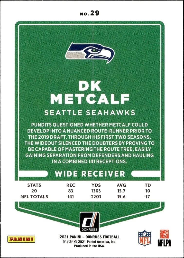2021 Donruss Dk Metcalf #29 football trading card back