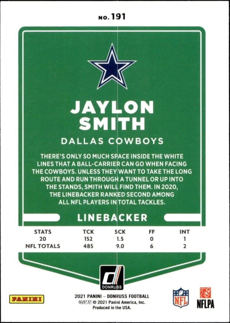2021 Donruss Jaylon Smith #191 football trading card back