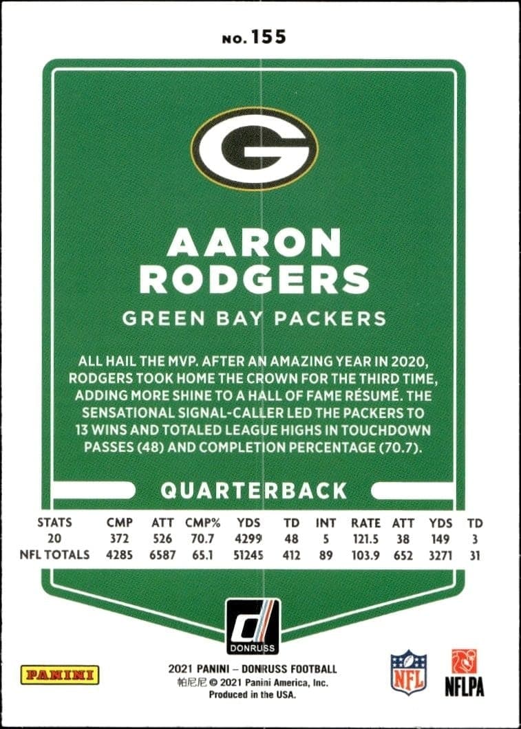 2021 Donruss Aaron Rodgers #155 football trading card back