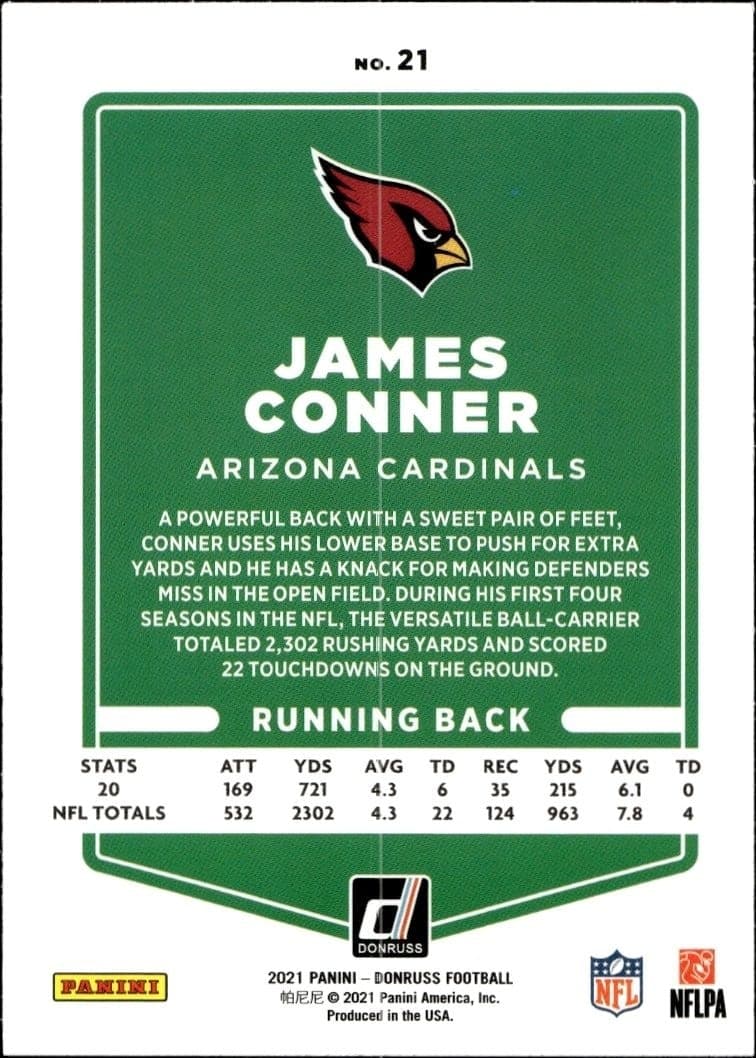 2021 Donruss James Conner #21 football trading card back