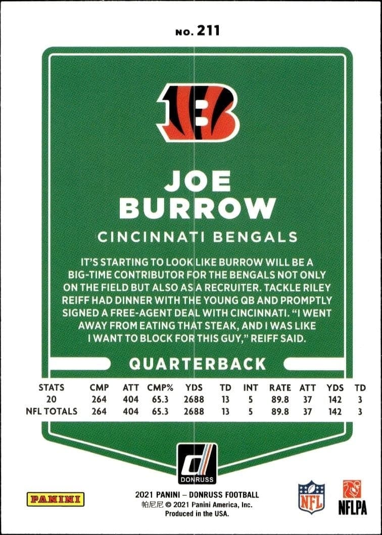 2021 Donruss Joe Burrow #211 football trading card back