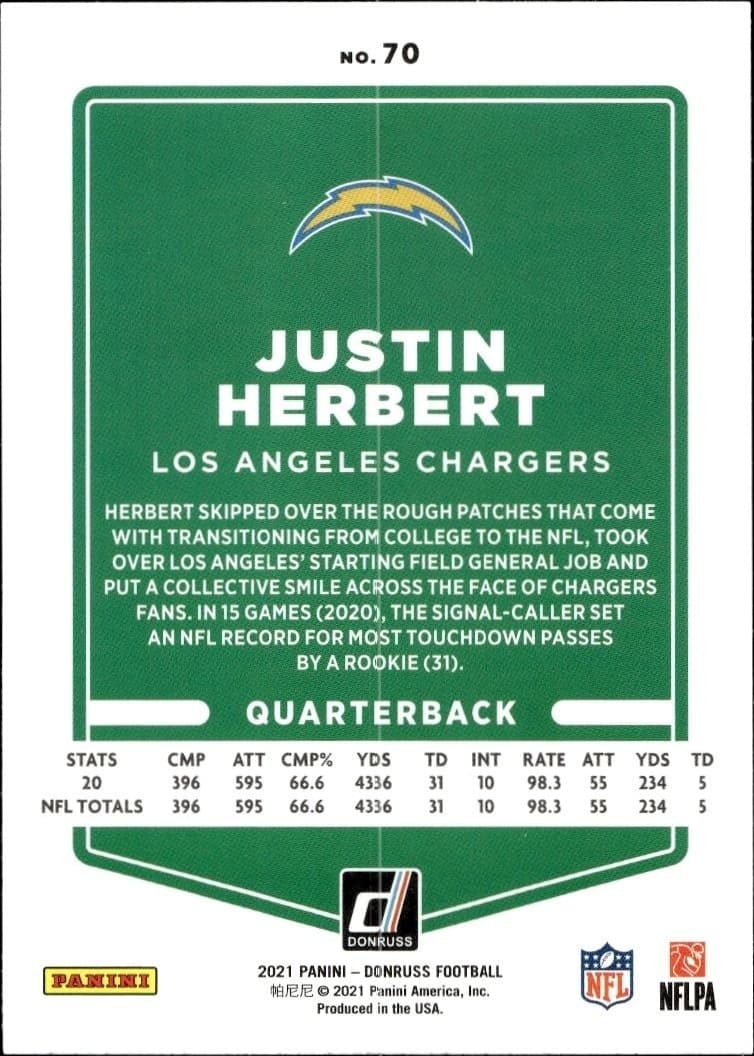 2021 Donruss Justin Herbert #70 football trading card back