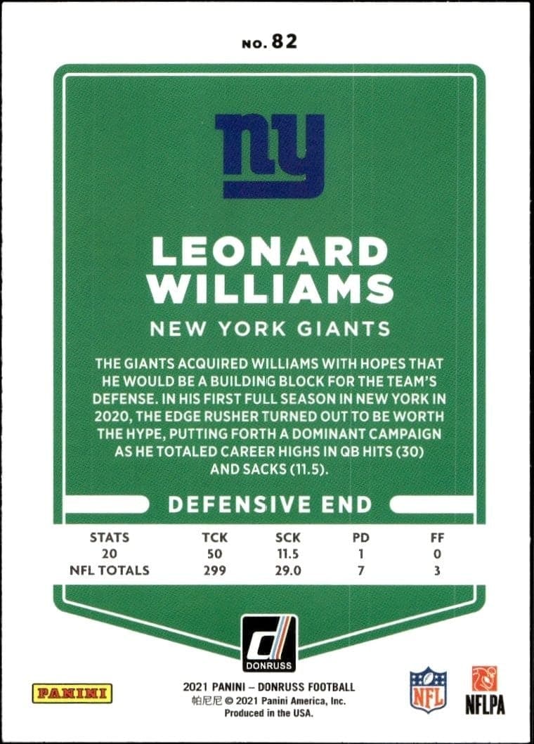2021 Donruss Leonard Williams #82 football trading card back