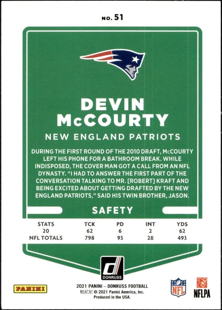 2021 Donruss Devin McCourty #51 football trading card back
